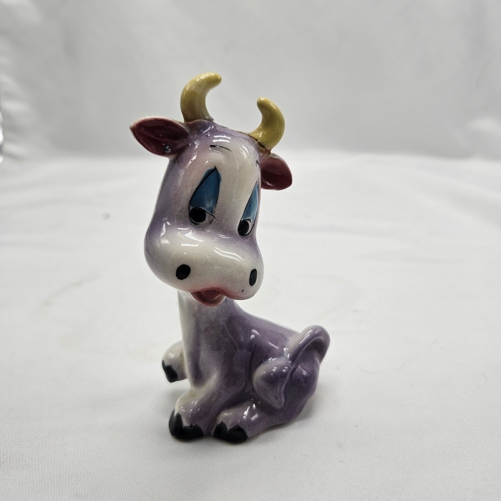 Vtg. Nasco Purple Sitting Cow Cartoon Figurine Single Salt and Pepper Shaker